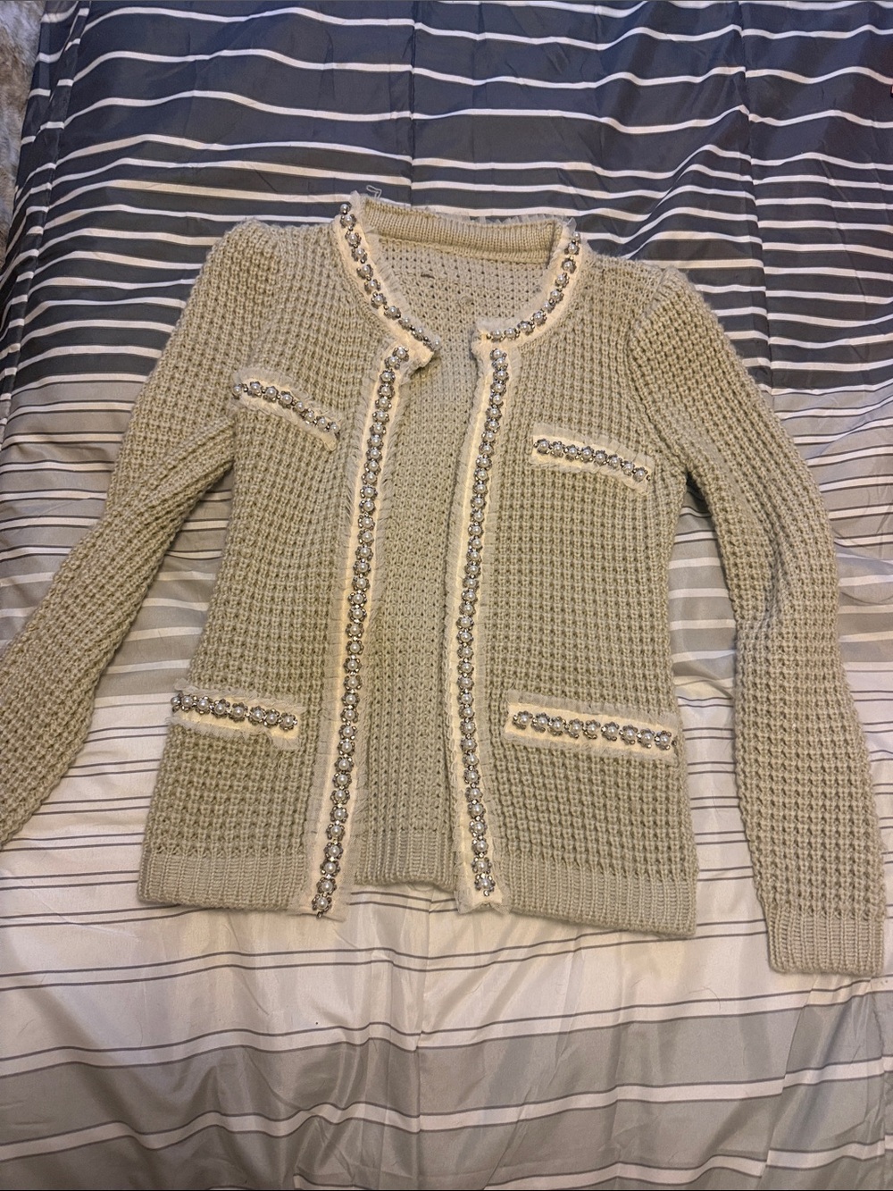 Cream Beaded Trim Waffle Knit Cardigan
